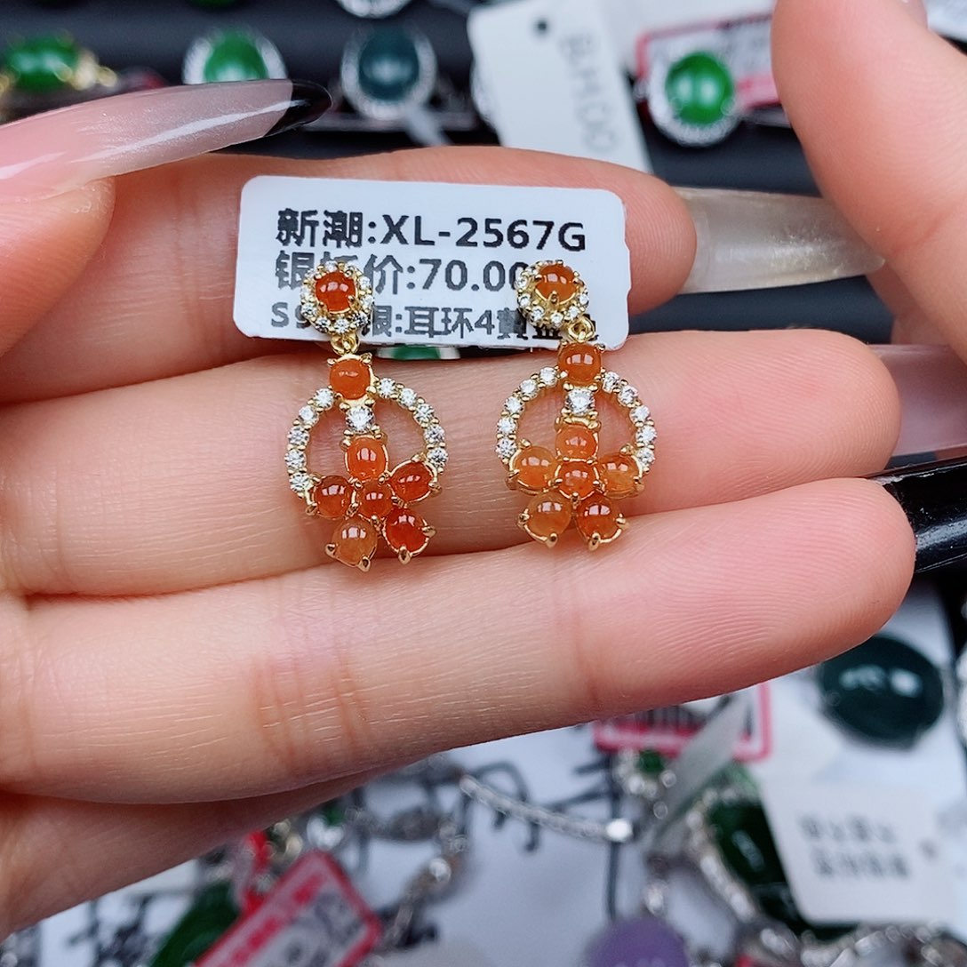 翡翠戒指银S925镶嵌耳钉