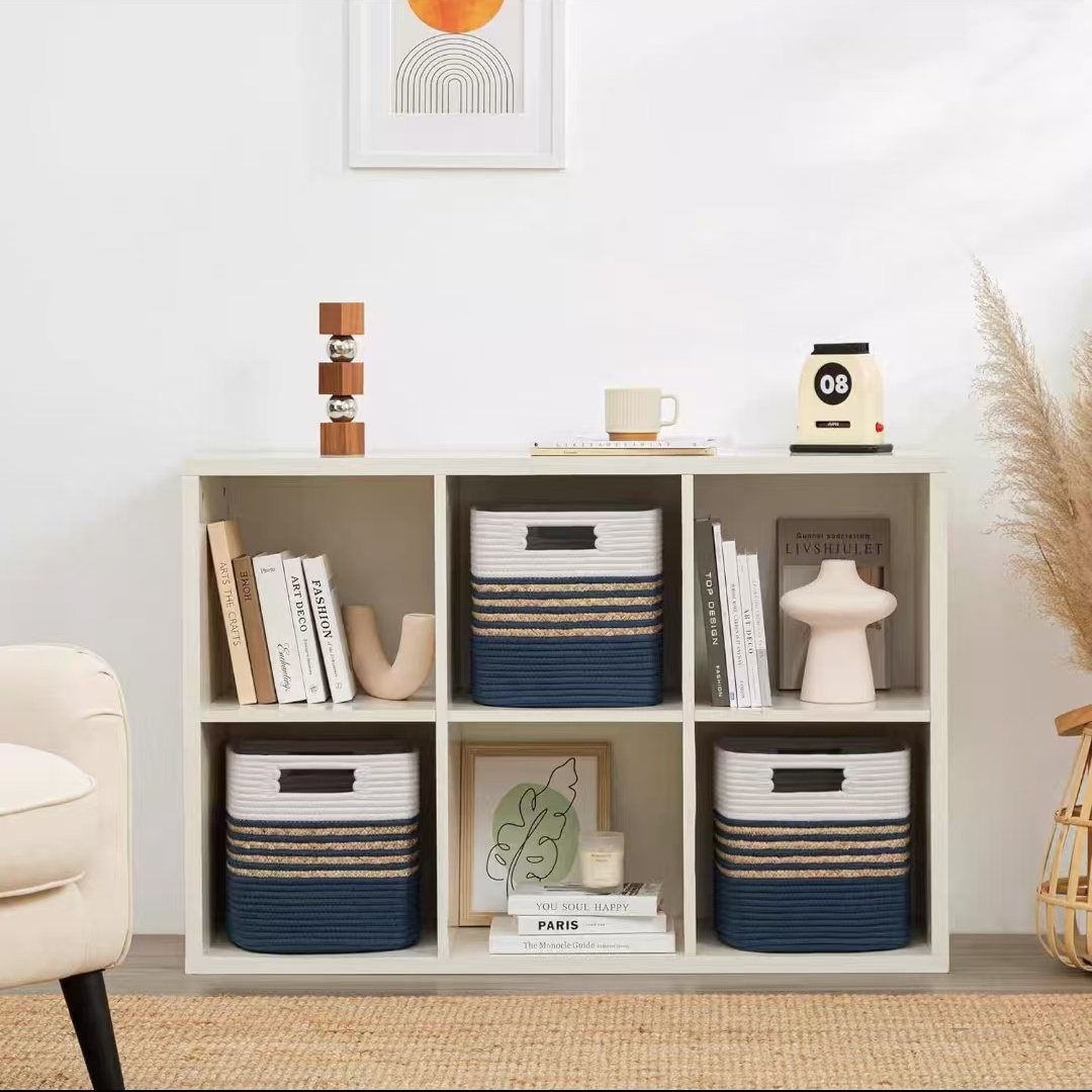 正方形草编拼接棉绳内扣把手棉绳收纳篮，衣物被子收纳脏衣篮