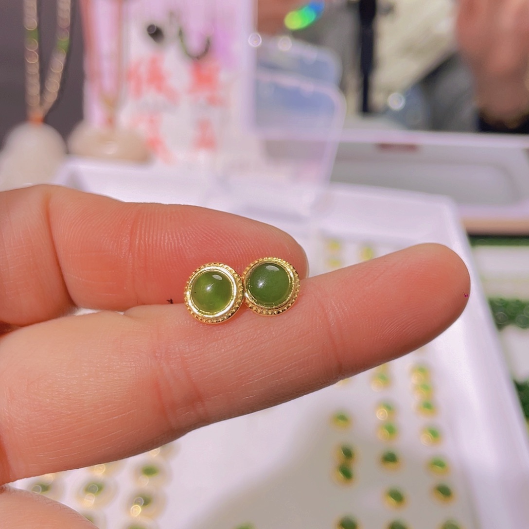 和田玉耳饰银S925镀金镶嵌