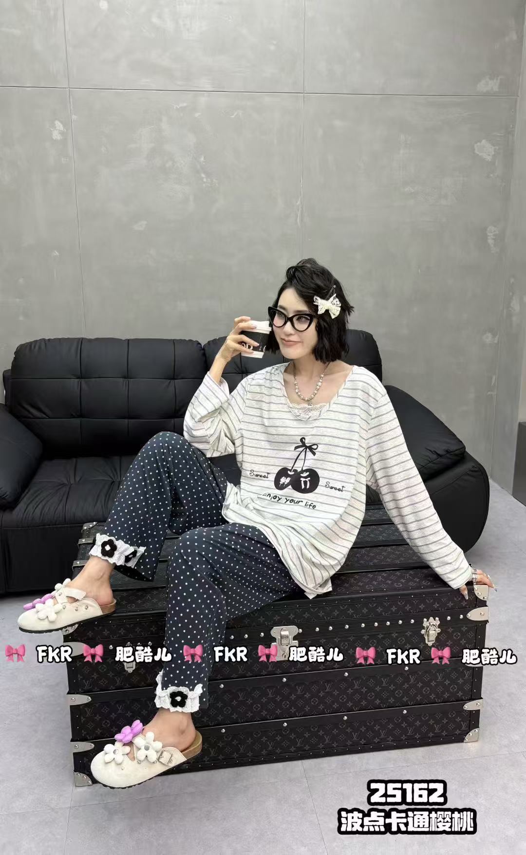 秋季新款女士大码纯棉条纹樱桃长袖长裤睡衣家居服套装25162