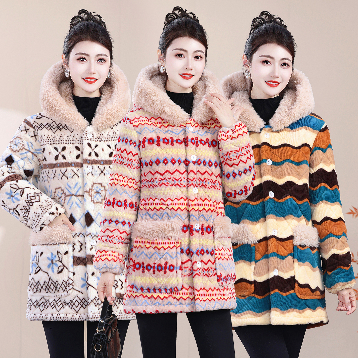 （肖肖家短款）新款三层夹棉加绒加厚女士可外穿保暖冬季家居服