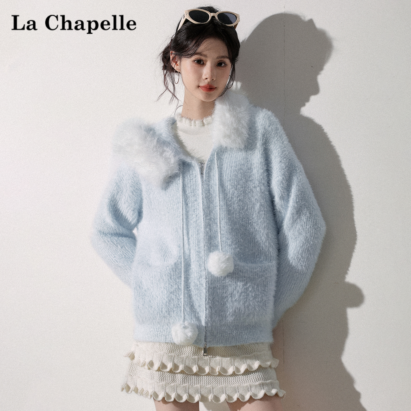 拉夏贝尔毛球抽绳仿水貂绒连帽针织外套女双拉链毛领开衫软糯毛衣