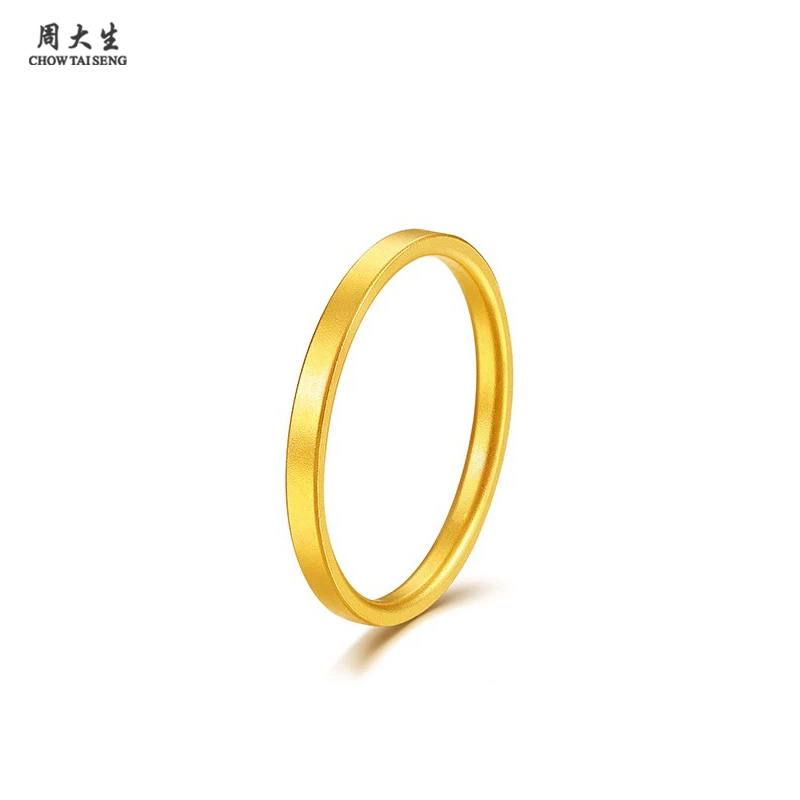 周大生古法黄金足金戒指方形简约实心古法金工艺素圈叠戴生日礼物