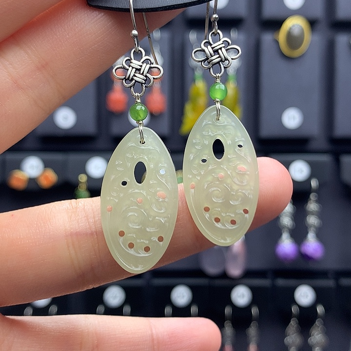 和田玉耳饰银S925镶嵌