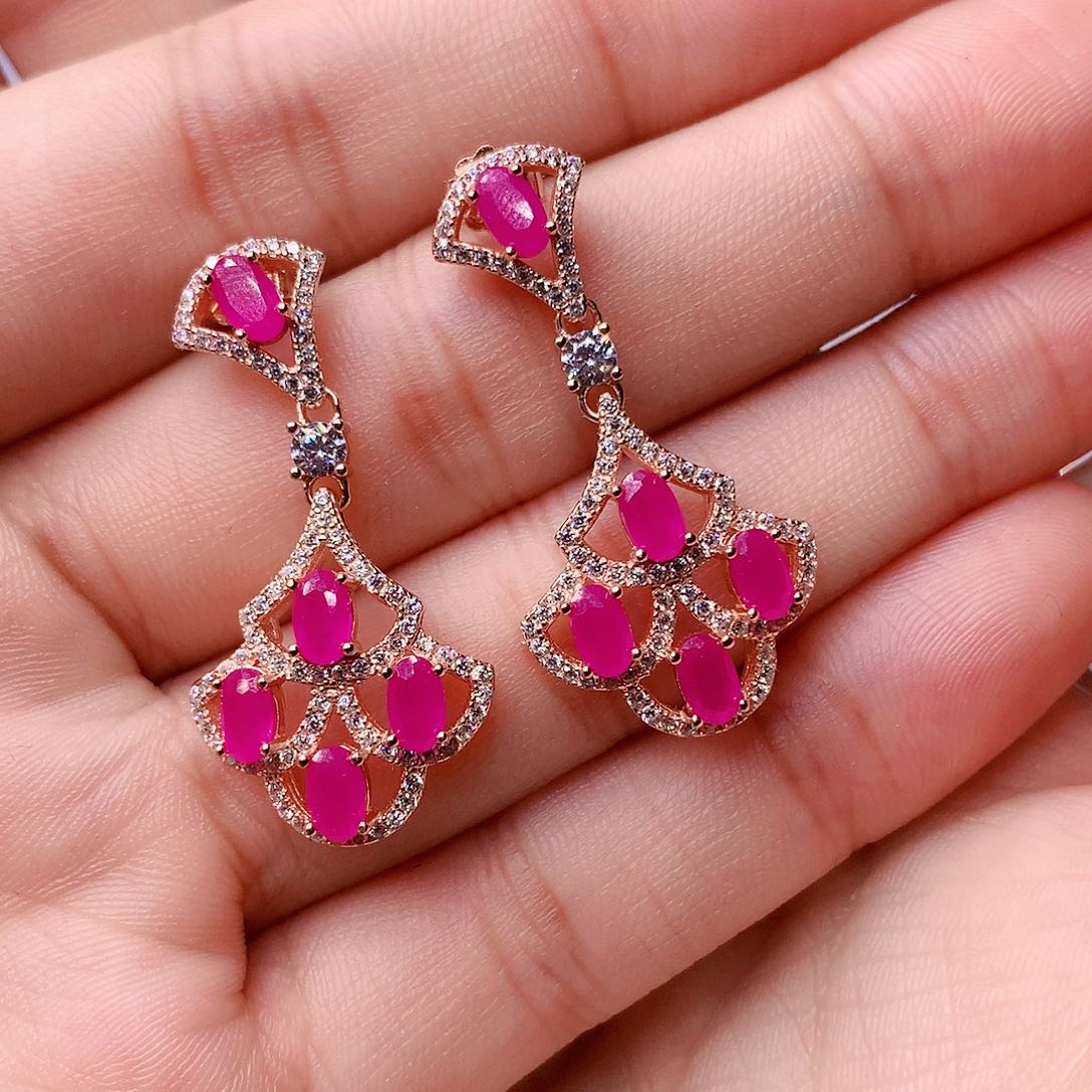 红宝石耳饰银S925镶嵌