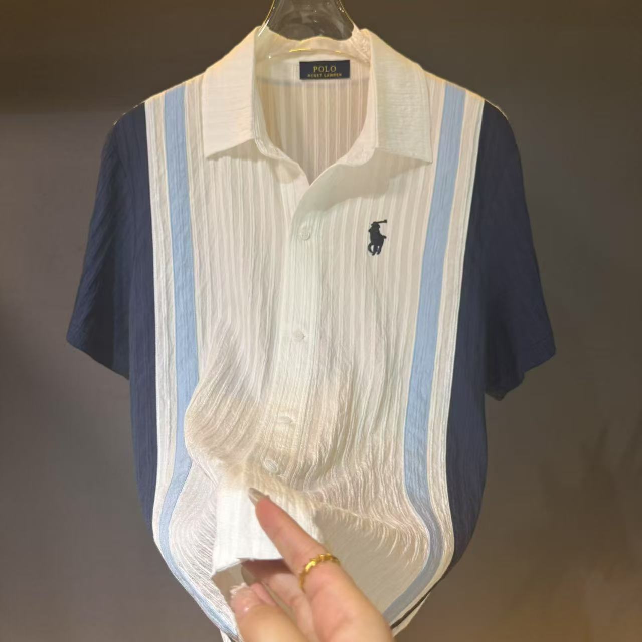 Lawrence Vincent 透气薄款条纹衬衫翻领撞色拼接百搭衬衣CY016