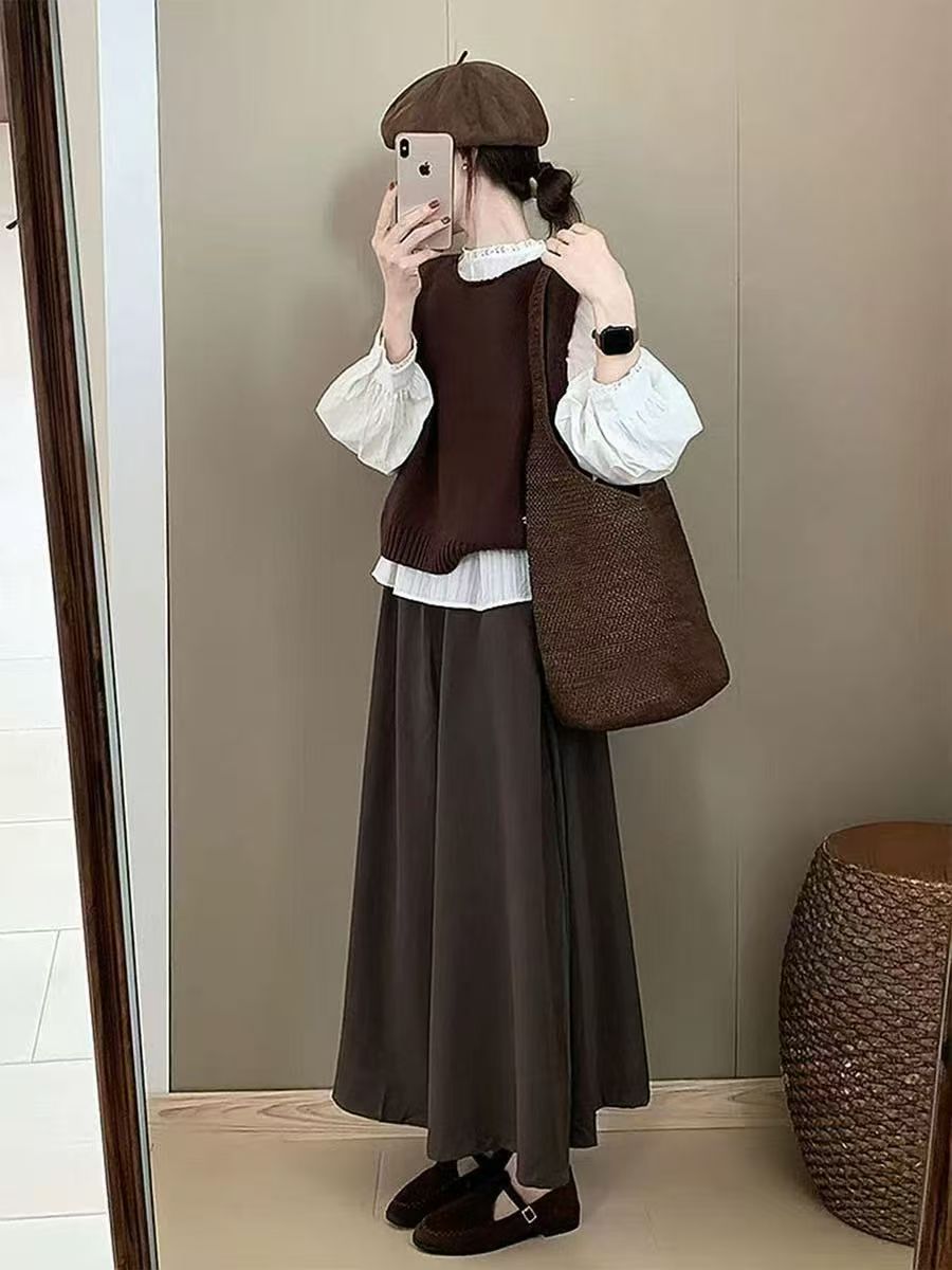 早秋大码美拉德风千金风森系白衬衫+针织马甲+半身裙三件套