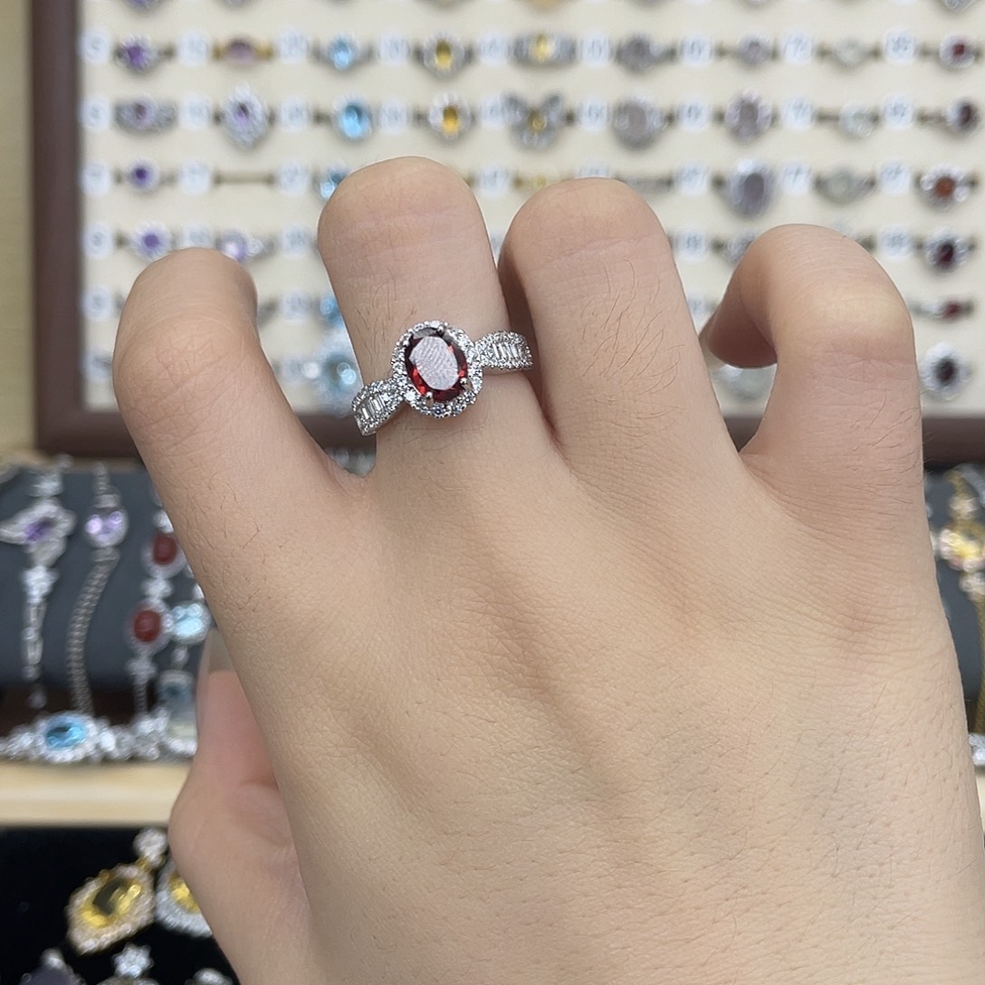 戒指石榴石银S925镶嵌