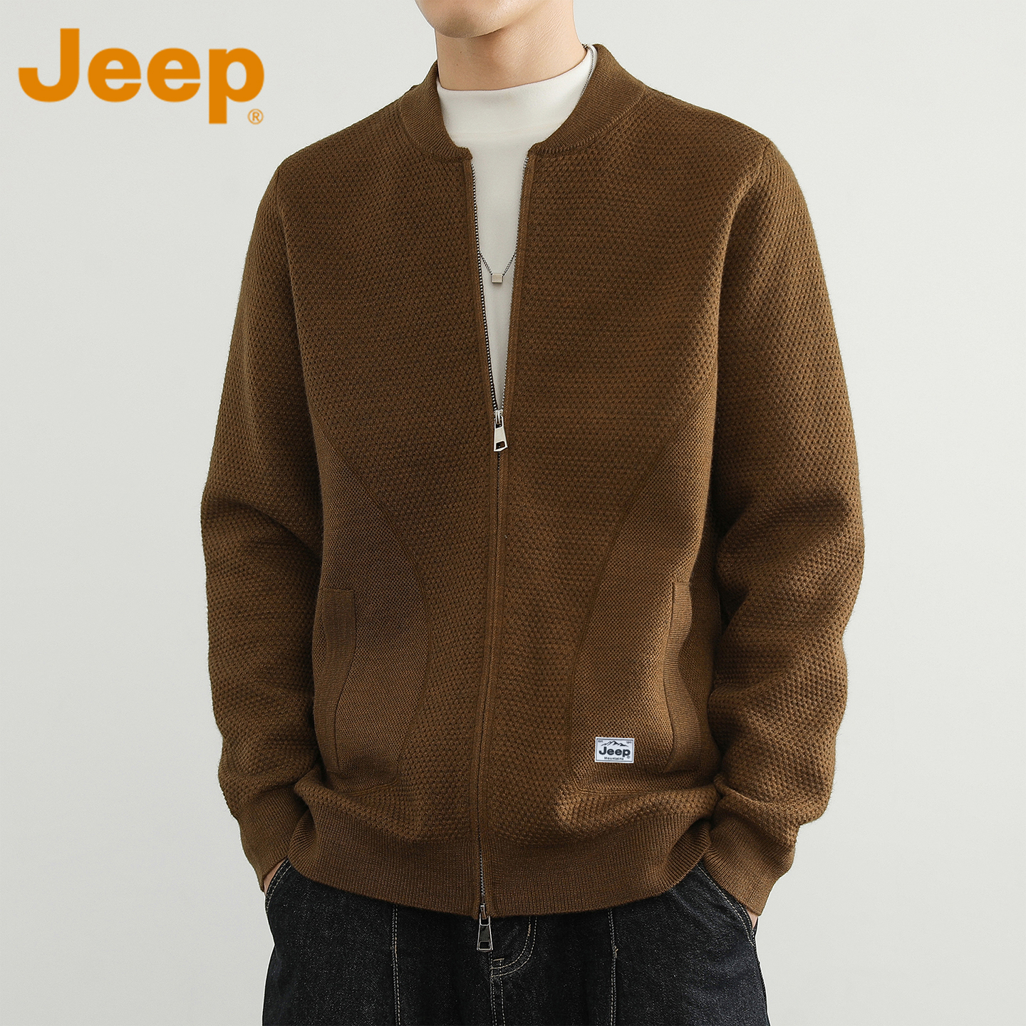 JEEP吉普开衫毛衣男士秋冬季立领打底针织衫男生潮流毛衣外套男装