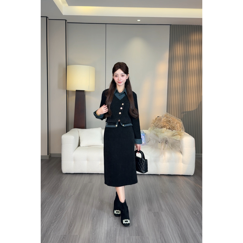 小个子斜扣牛仔拼接假两件显瘦欧棉绒套装KY24024