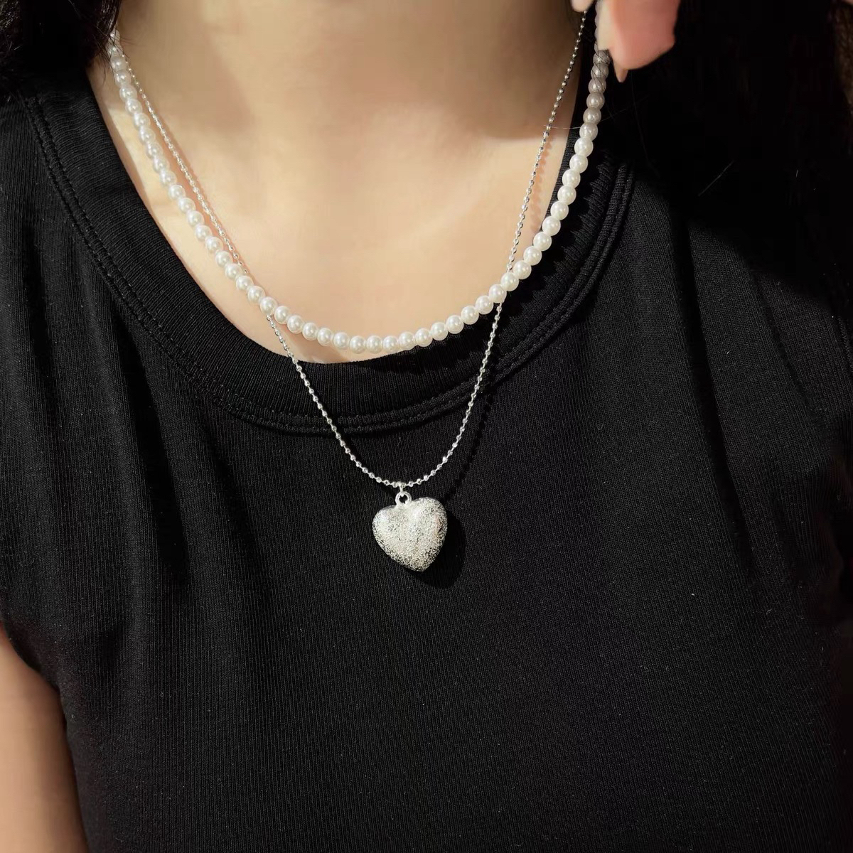 铜合金项链 高颜值双层叠戴爱心锁骨链清冷系小米珠毛衣项链