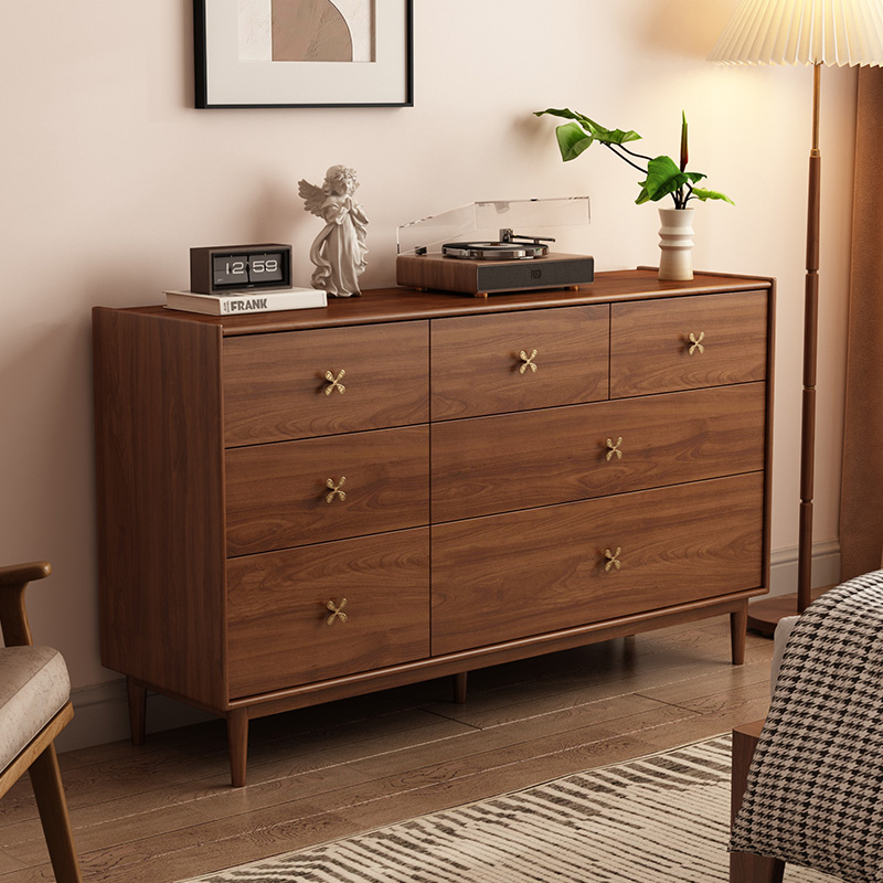 中古风实木九斗柜卧室靠墙置物抽屉床尾储物柜胡桃色五斗柜收纳柜