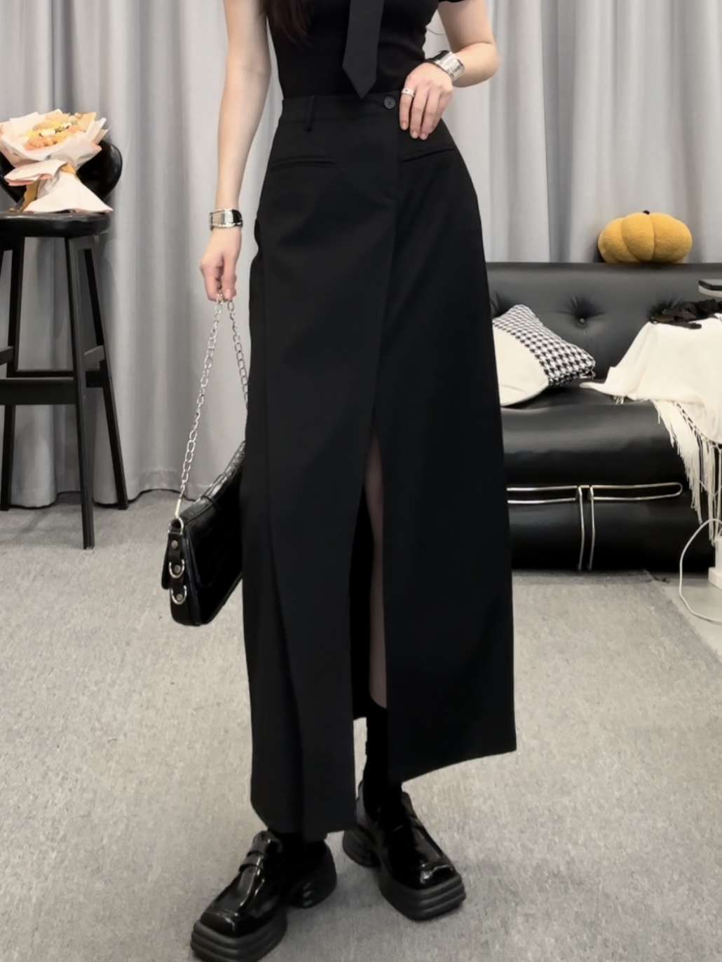 D0721黑色西装开叉半身裙女夏季高腰显瘦中长款气质裙子（送腰带）