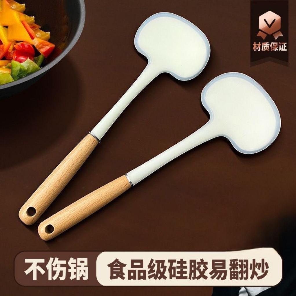 热卖锅铲木柄硅胶硅胶铲不伤锅子炒菜不粘锅食品级两用实蘑菇铲子