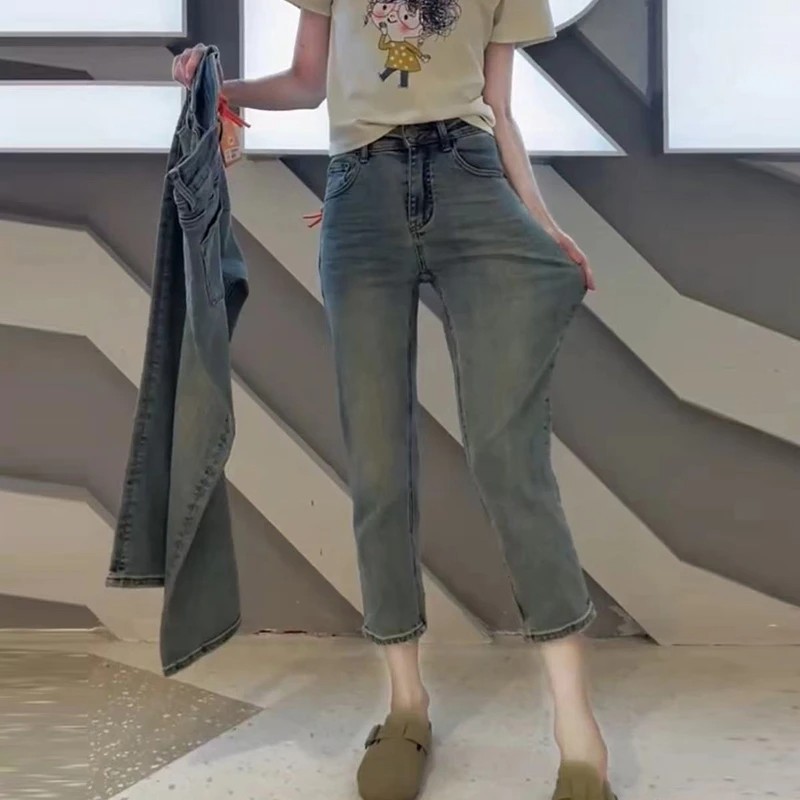 GLVOYO大码复古蓝25年夏季薄款高腰牛仔裤女弹力显瘦直筒烟管裤子