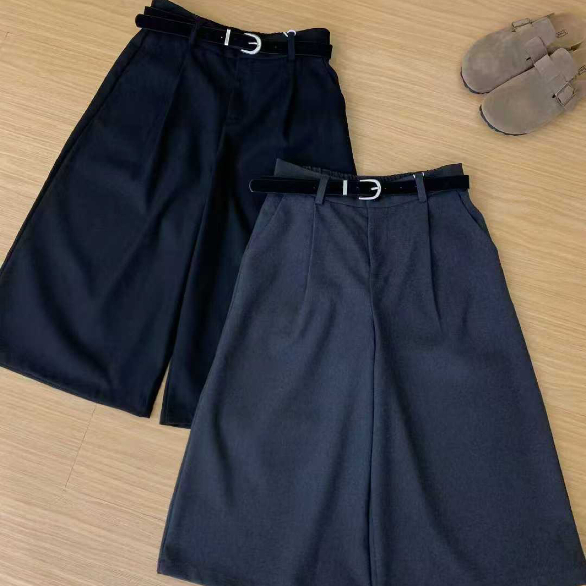 韩系复古纯色毛呢阔腿七分裤女高腰直筒百搭裤