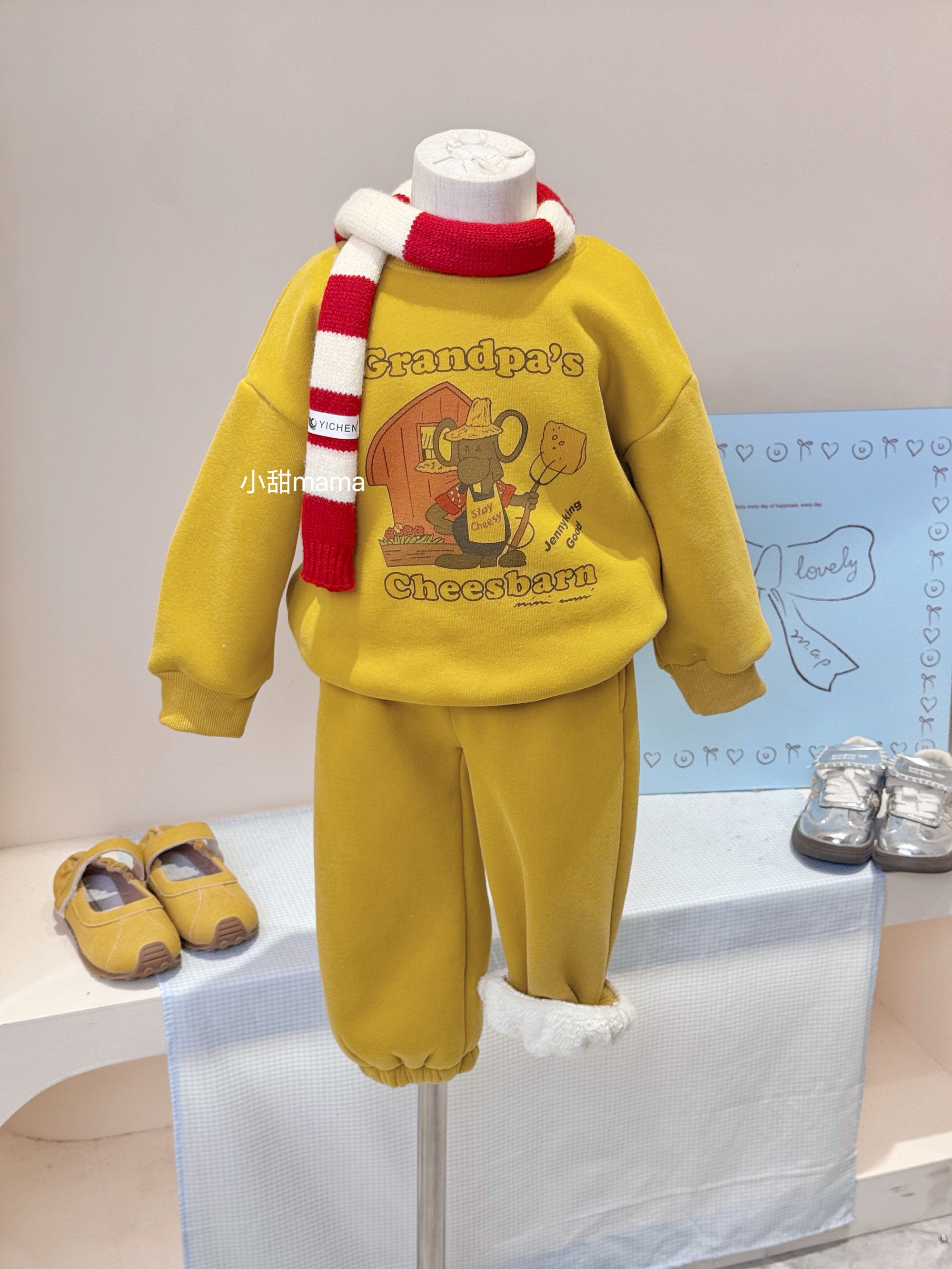 现货女童冬装加绒加厚卫衣卫裤套装女宝韩版洋气卡通保暖两件套潮