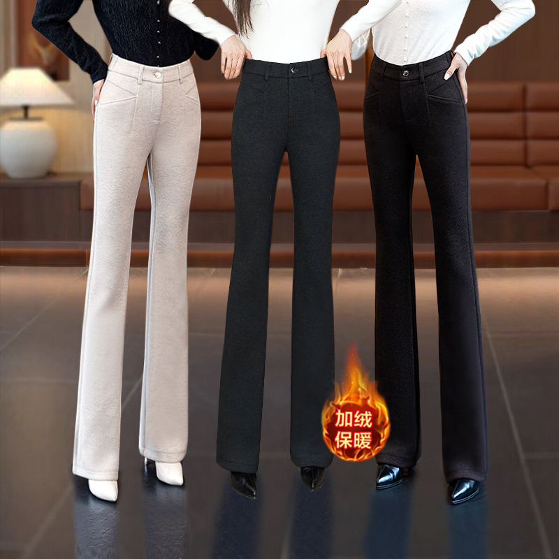 毛呢显瘦弹力微喇裤女2025秋冬季新款高腰垂感微喇叭裤子加绒显瘦