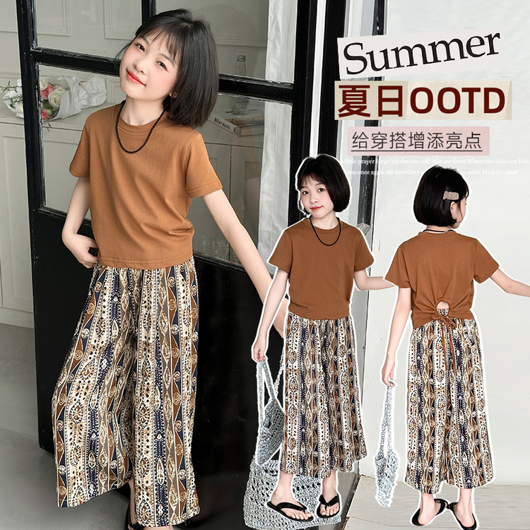 【艾宣】2025女夏季碎花女童民族风套装休闲阔腿灯笼裤中大童两件套