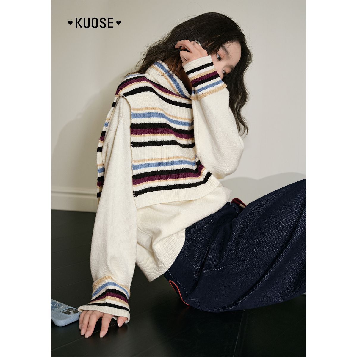 阔色设计感披肩毛衣马甲两件套25秋冬新款针织高领内搭KSH2412031