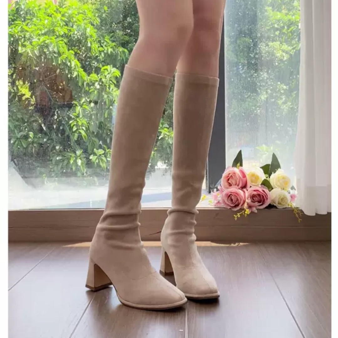 【新款】高跟长筒靴女2025新款弹力瘦瘦靴粗跟靴高筒绒面长靴