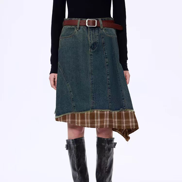 「Nows」秋冬新款复古高级感拼接格纹设计感不规则牛仔半身裙 S2411