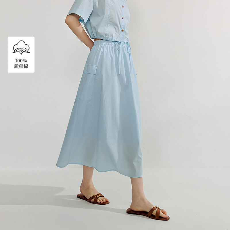 【年终狂欢购】茵曼夏季工装口袋纯棉半身裙女高腰显瘦宽松a字裙