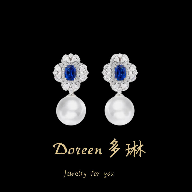 铜合金合成锆石耳饰 复古蓝色珠珠耳环MK003