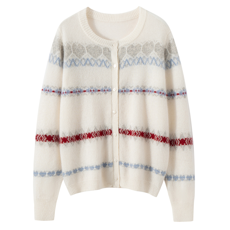 100%纯山羊绒衫女士秋冬针织开衫长袖圆领宽松费尔岛提花毛衣外套