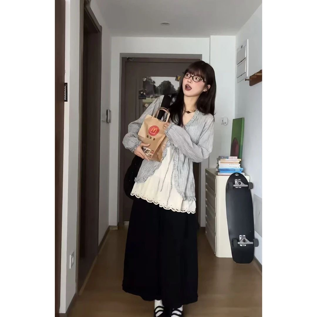 复古文艺格子木耳边系带罩衫百搭蕾丝吊带阔腿休闲裤子