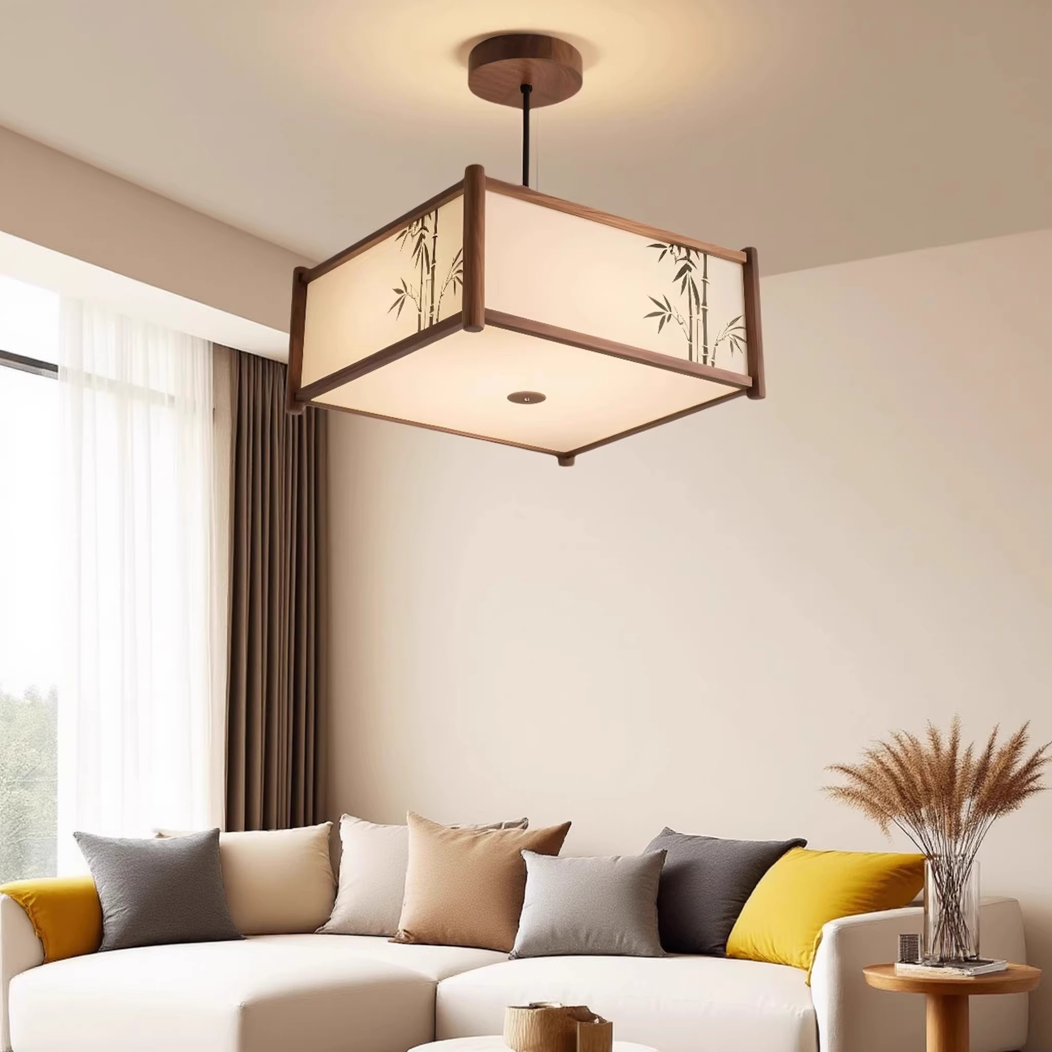 宋式美学吊灯实木布艺中国风客厅卧室灯新款复古竹叶灯具设计师