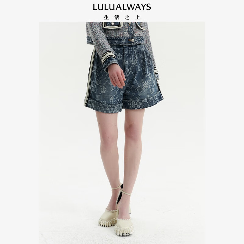 LULUALWAYS新款流行logo花纹短牛仔裤LOA3017