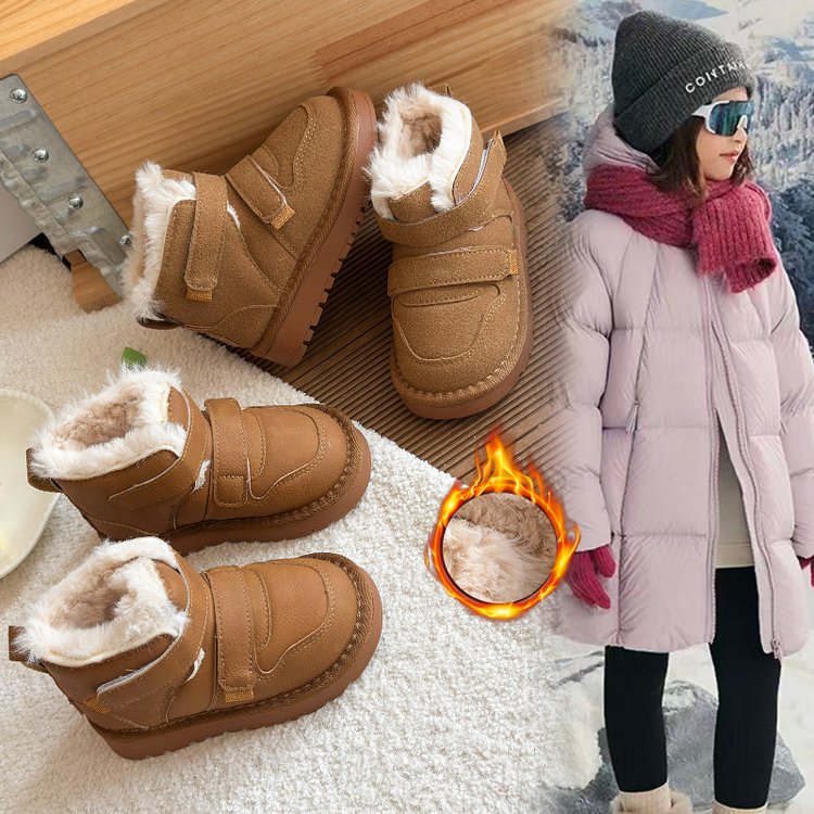 厚底魔术贴皮毛一体雪地靴2025年冬季新款加绒加厚东北大棉鞋