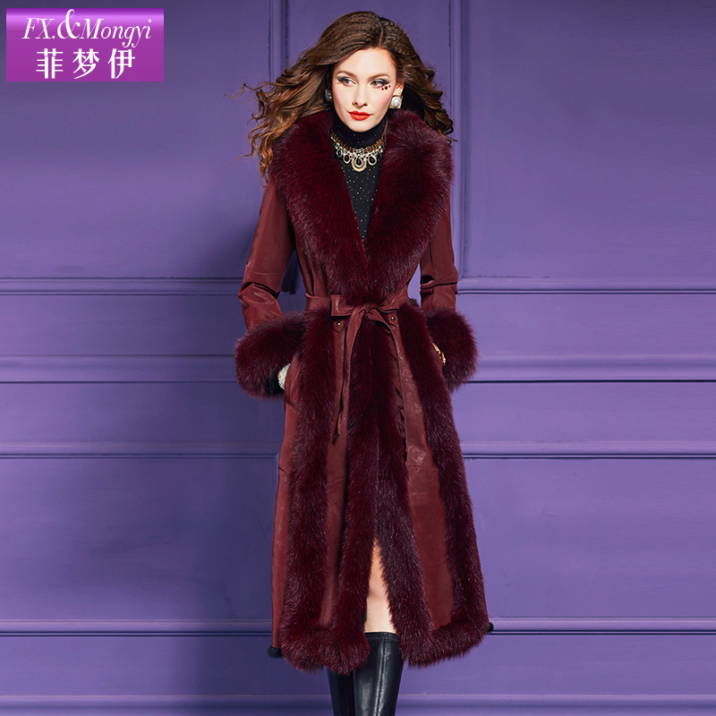 菲梦伊新款时尚兔毛皮一体外套气质中长款狐狸毛领大衣61027