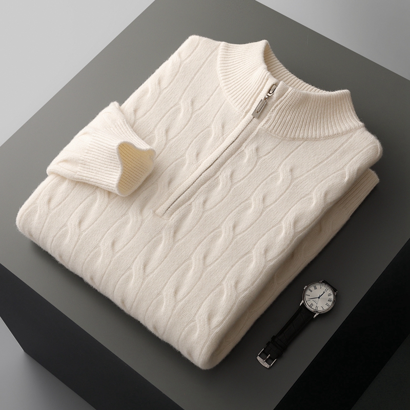 秋冬新款100%纯羊毛衫男半高领扭花毛衣针织打底衫休闲羊绒衫外套
