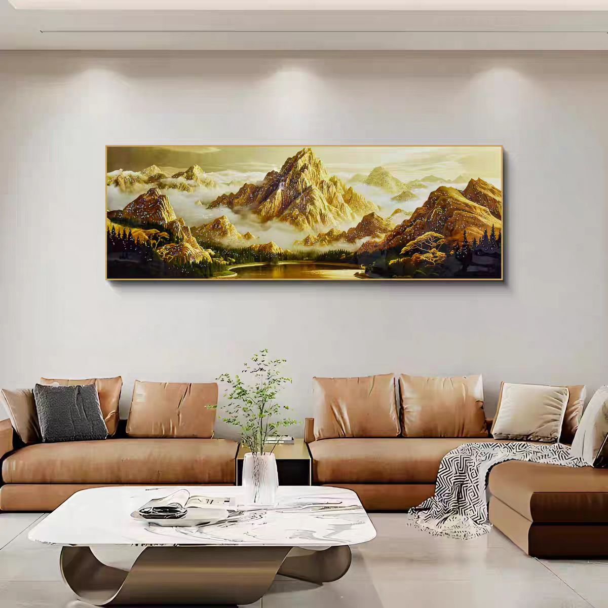 晶瓷镶钻金山聚宝盆装饰画铝合金边框办公室客厅背景画70200