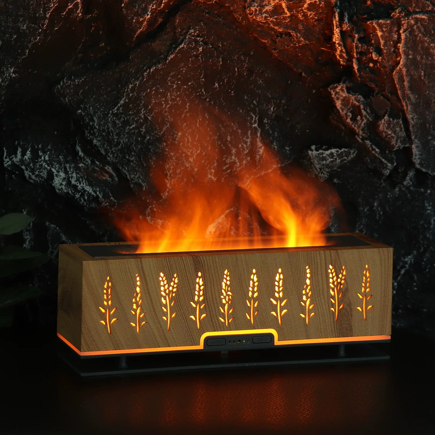 木纹长条镂空麦穗3D火焰带遥控香薰机加湿器卧室办公室炫彩氛围灯