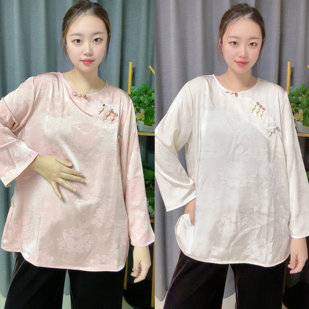 【68206】新中式国风圆领盘扣提花百搭长袖打底上衣女提花缎面