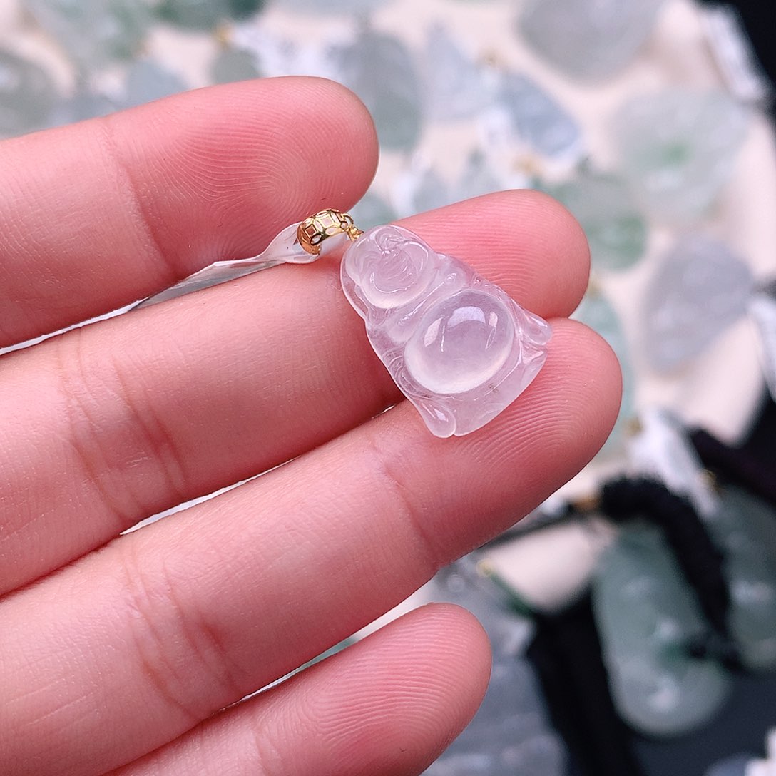 翡翠颈饰18K金镶嵌冰胶布袋佛