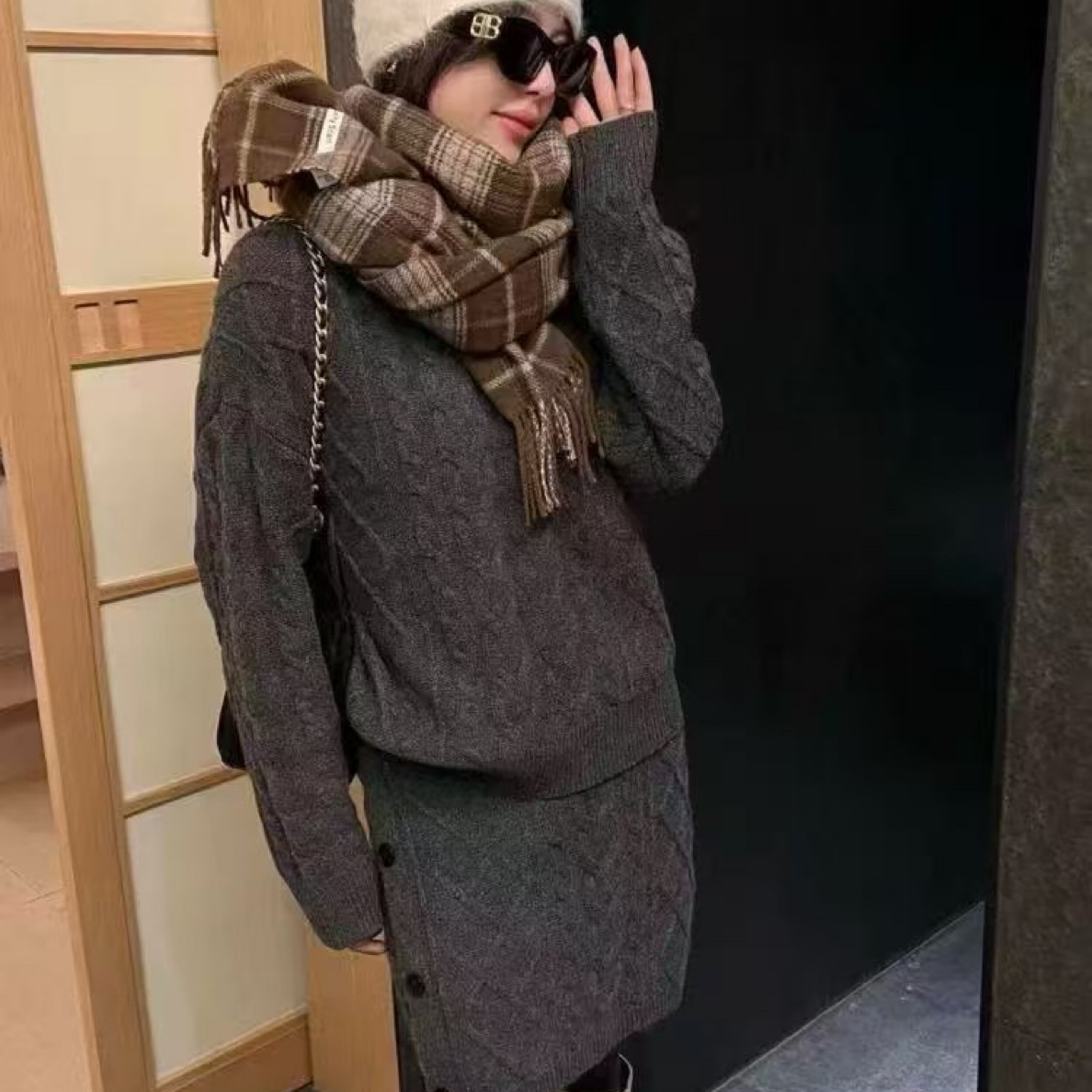 【W➕欧韩】秋冬新款麻花纹裙子侧边纽扣半身短裙两件套