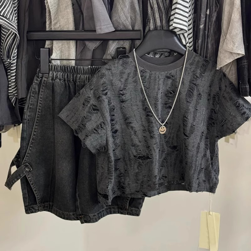 破洞潮款韩版童装男童短袖t恤2025新款夏季破洞炸街洋气儿童上衣