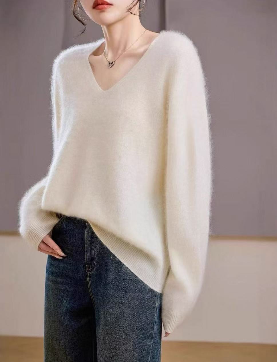 V领落肩袖女士针织打底衫纯色羊毛衫-68002