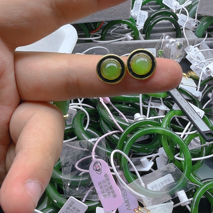 和田玉（碧玉）耳饰银S925镀金镶嵌