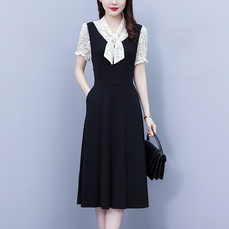 2025夏季新款假两件胖MM短袖蝴蝶结领蕾丝拼接气质优雅显瘦连衣裙