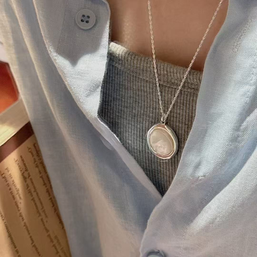 坠链均925银贝壳 流光白贝圆月项链长项链董洁同款高级感锁骨链