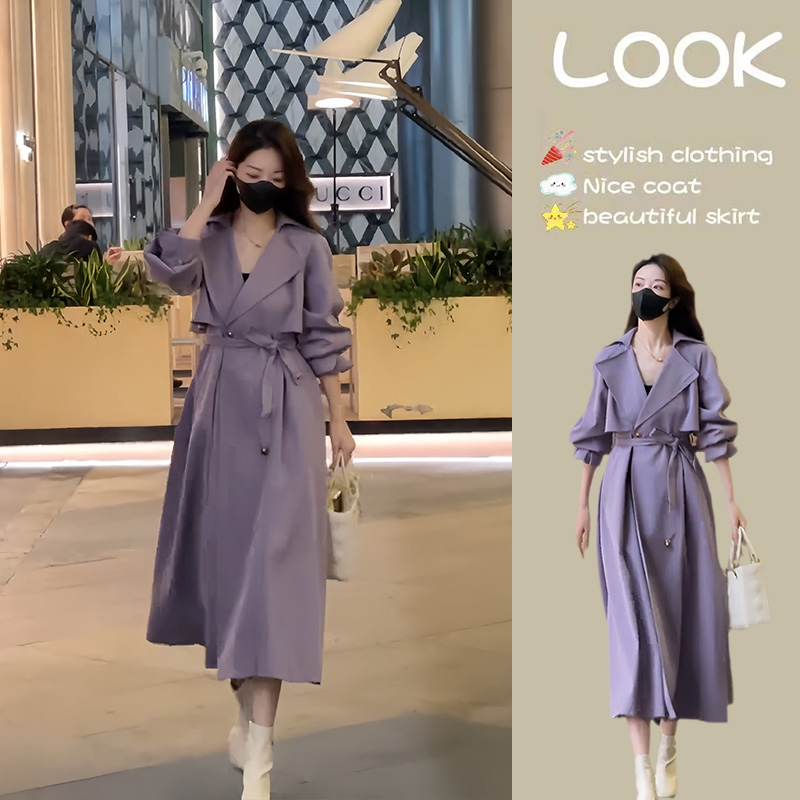 早春小个子紫色大衣外套女2025春秋新款中长款高级感气质风衣女款
