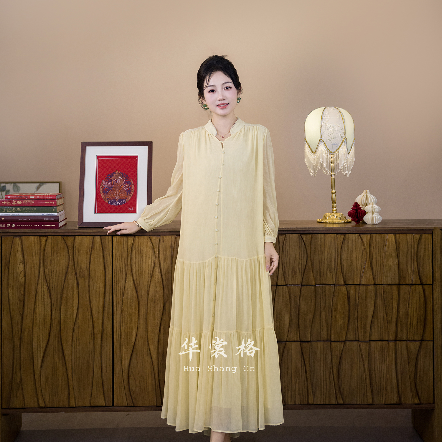 华裳格【锦弦】新中式质感真丝顺纡绉优雅气质长款连衣裙HS1503