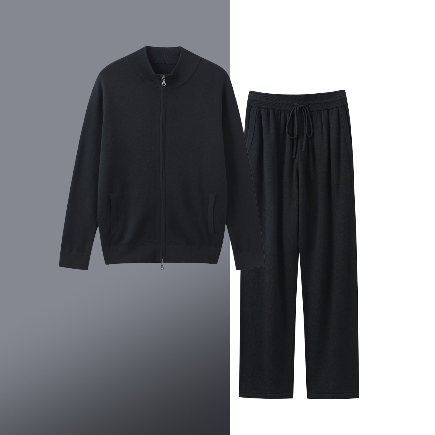 首单特惠】可机洗精纺超细羊毛套装立领简约长袖开衫直筒休闲裤男