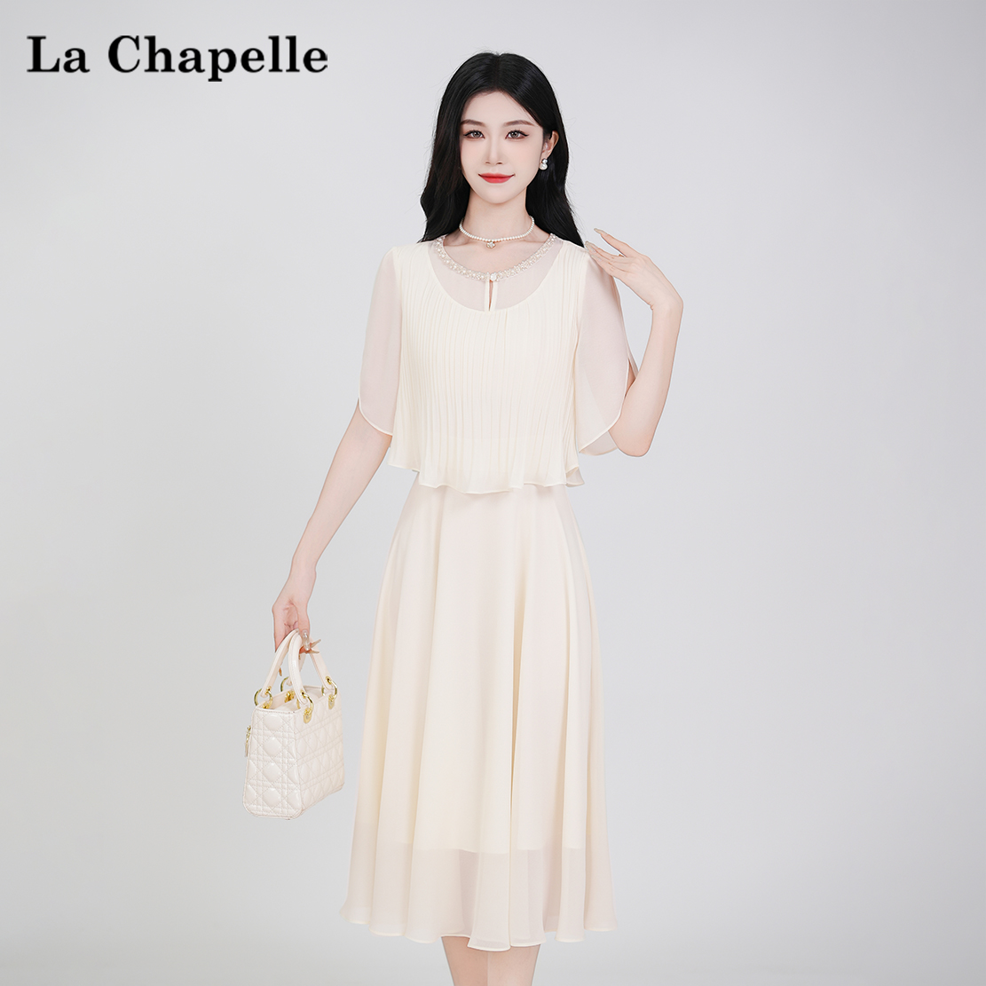 【拉夏贝尔】夏季法式设计感显瘦松紧腰假两件短袖连衣裙