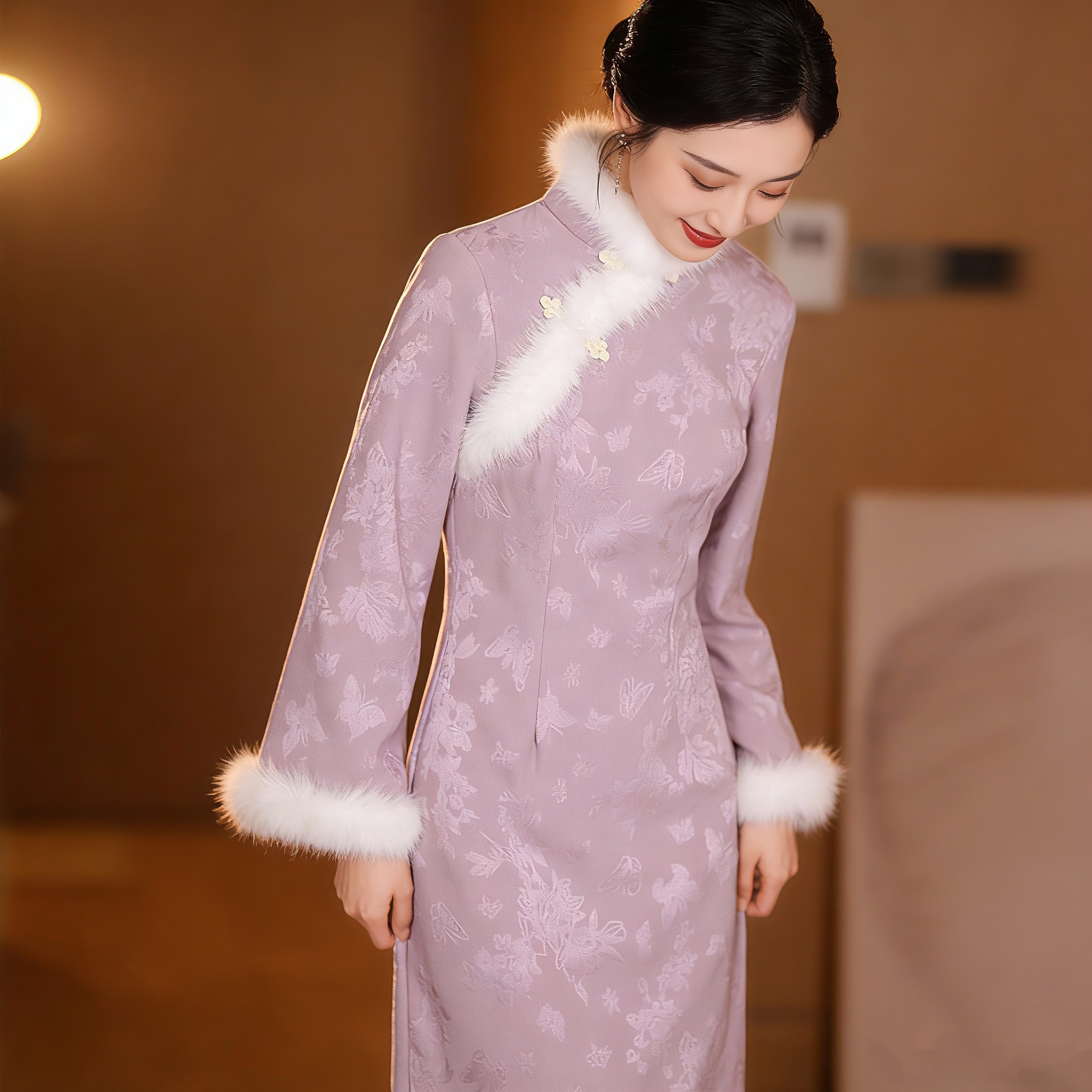3531 梦雪紫 针织提花 加绒加厚 冬年轻款改良旗袍125cm长款